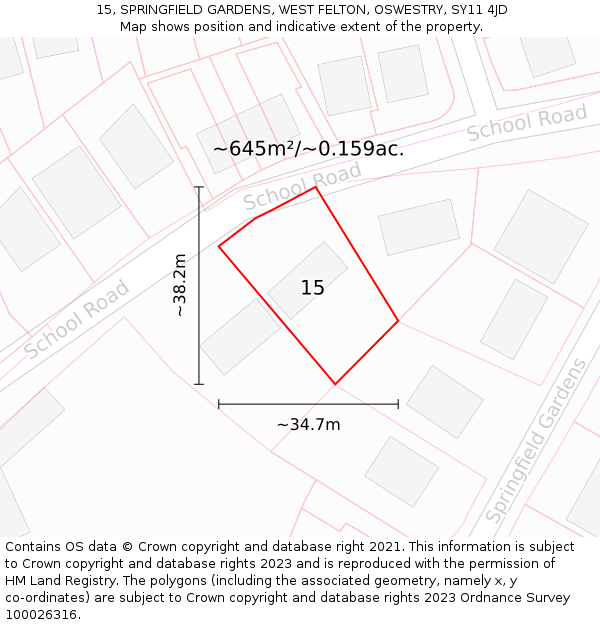 15, SPRINGFIELD GARDENS, WEST FELTON, OSWESTRY, SY11 4JD: Plot and title map