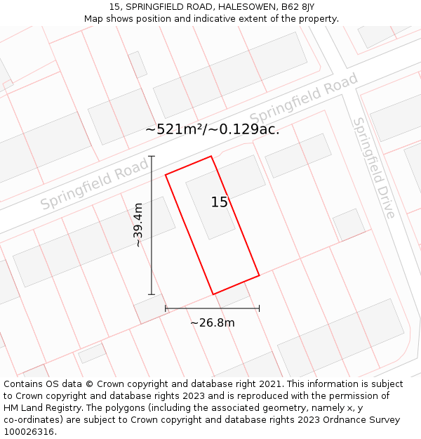 15, SPRINGFIELD ROAD, HALESOWEN, B62 8JY: Plot and title map