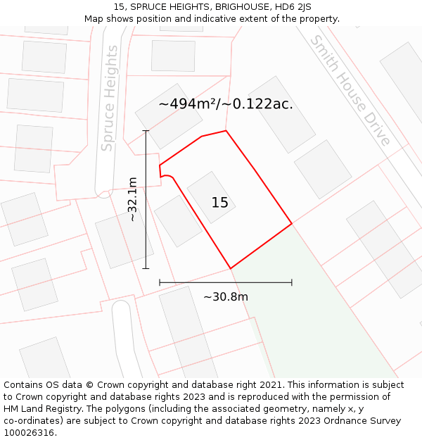15, SPRUCE HEIGHTS, BRIGHOUSE, HD6 2JS: Plot and title map