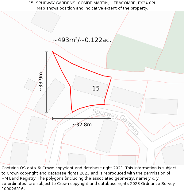 15, SPURWAY GARDENS, COMBE MARTIN, ILFRACOMBE, EX34 0PL: Plot and title map