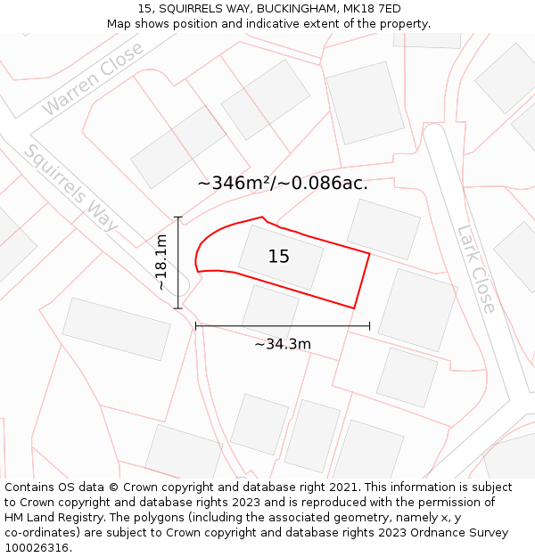 15, SQUIRRELS WAY, BUCKINGHAM, MK18 7ED: Plot and title map