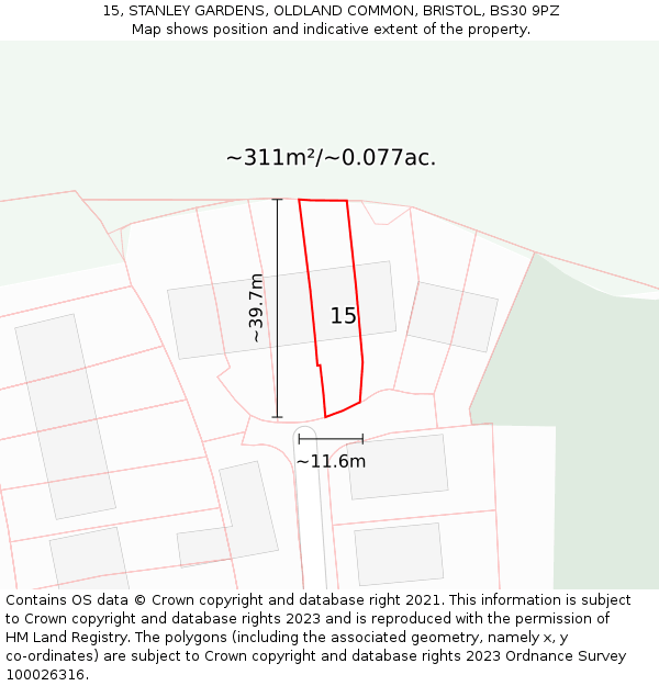 15, STANLEY GARDENS, OLDLAND COMMON, BRISTOL, BS30 9PZ: Plot and title map