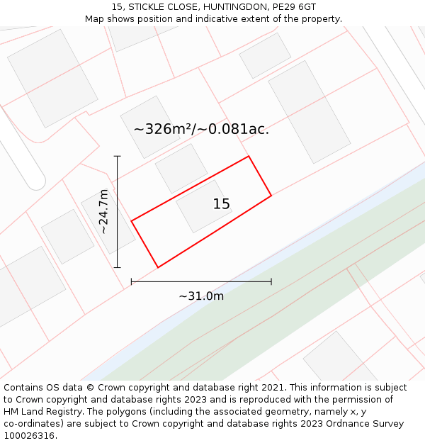 15, STICKLE CLOSE, HUNTINGDON, PE29 6GT: Plot and title map