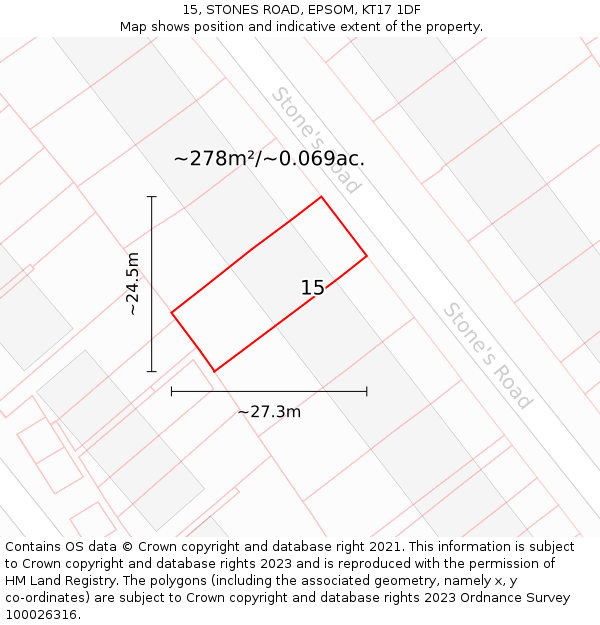 15, STONES ROAD, EPSOM, KT17 1DF: Plot and title map