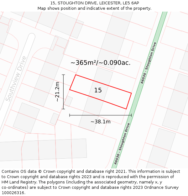 15, STOUGHTON DRIVE, LEICESTER, LE5 6AP: Plot and title map