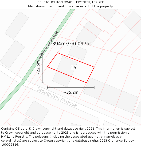 15, STOUGHTON ROAD, LEICESTER, LE2 2EE: Plot and title map