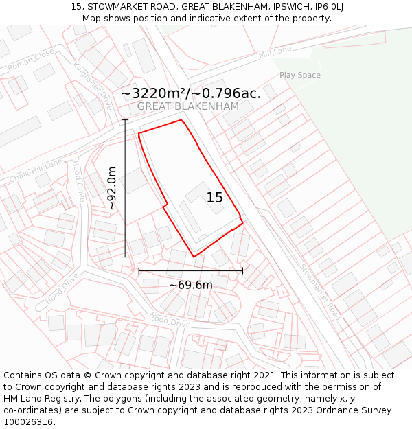 15, STOWMARKET ROAD, GREAT BLAKENHAM, IPSWICH, IP6 0LJ: Plot and title map