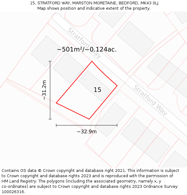 15, STRATFORD WAY, MARSTON MORETAINE, BEDFORD, MK43 0LJ: Plot and title map