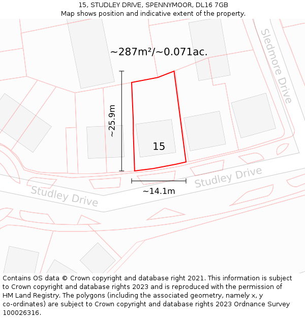 15, STUDLEY DRIVE, SPENNYMOOR, DL16 7GB: Plot and title map