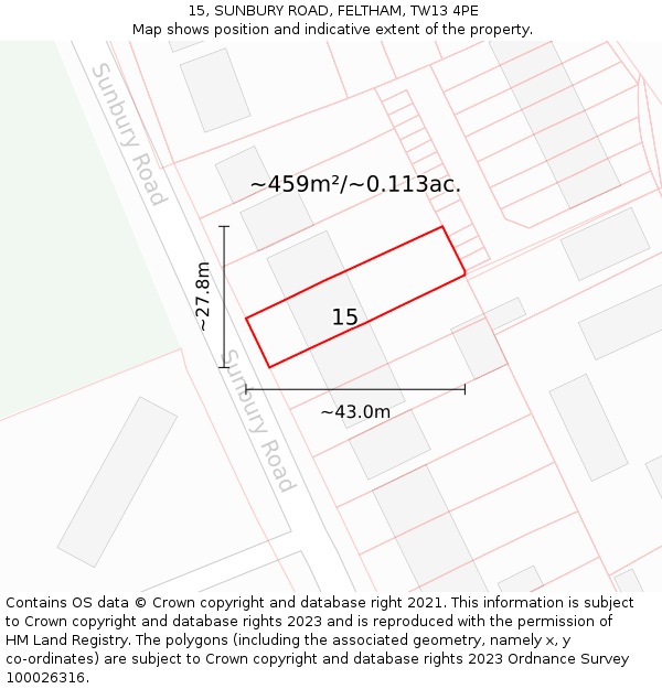 15, SUNBURY ROAD, FELTHAM, TW13 4PE: Plot and title map