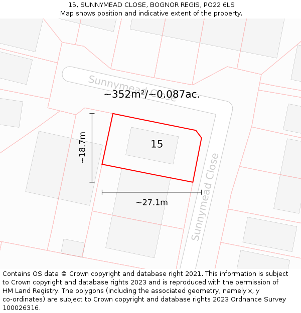 15, SUNNYMEAD CLOSE, BOGNOR REGIS, PO22 6LS: Plot and title map