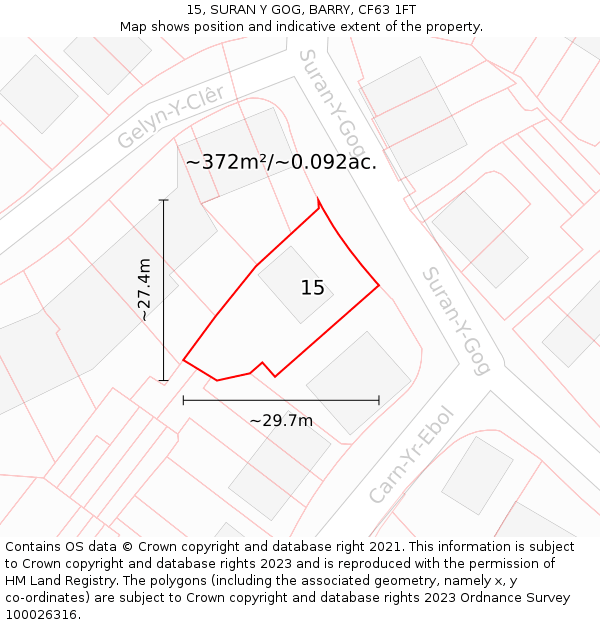 15, SURAN Y GOG, BARRY, CF63 1FT: Plot and title map