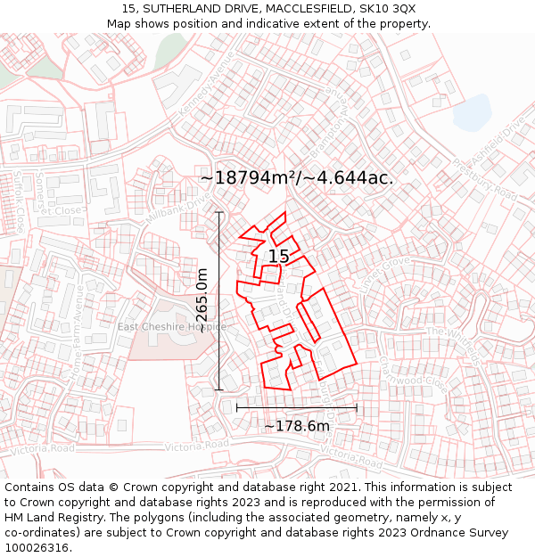 15, SUTHERLAND DRIVE, MACCLESFIELD, SK10 3QX: Plot and title map
