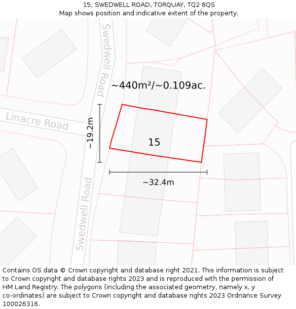 15, SWEDWELL ROAD, TORQUAY, TQ2 8QS: Plot and title map