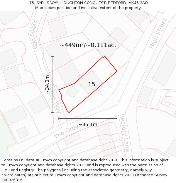 15, SYBILS WAY, HOUGHTON CONQUEST, BEDFORD, MK45 3AQ: Plot and title map