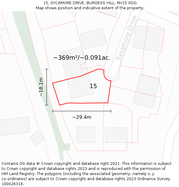15, SYCAMORE DRIVE, BURGESS HILL, RH15 0GG: Plot and title map