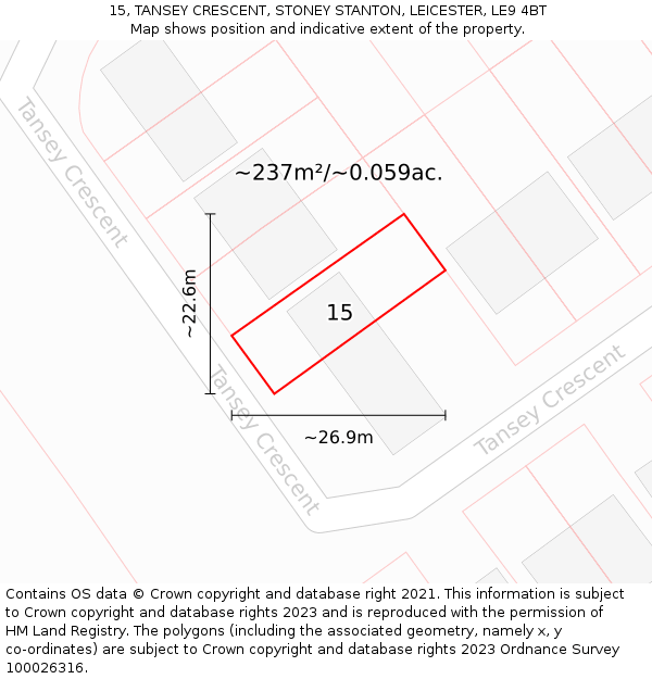 15, TANSEY CRESCENT, STONEY STANTON, LEICESTER, LE9 4BT: Plot and title map