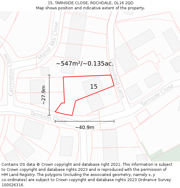 15, TARNSIDE CLOSE, ROCHDALE, OL16 2QD: Plot and title map