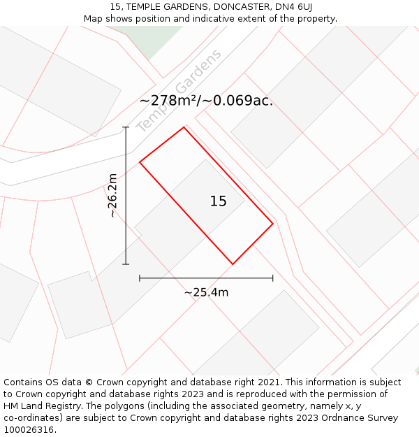 15, TEMPLE GARDENS, DONCASTER, DN4 6UJ: Plot and title map