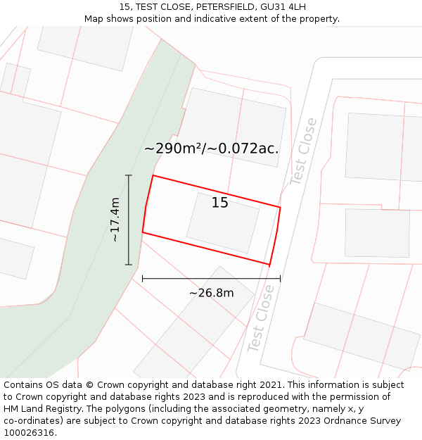 15, TEST CLOSE, PETERSFIELD, GU31 4LH: Plot and title map