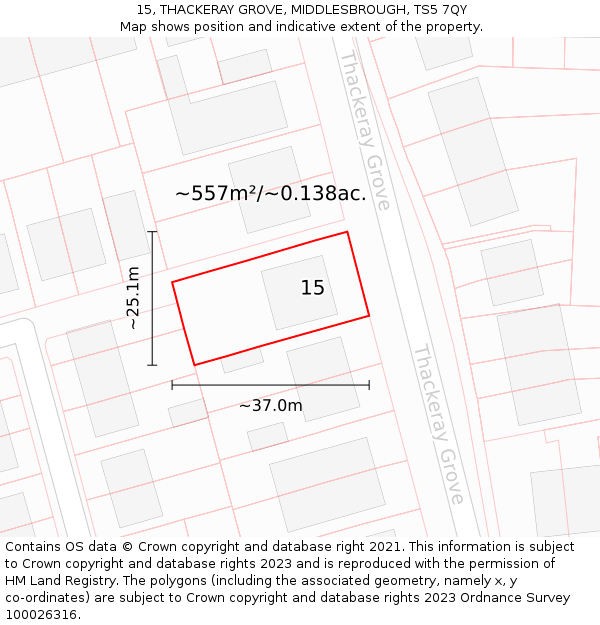 15, THACKERAY GROVE, MIDDLESBROUGH, TS5 7QY: Plot and title map