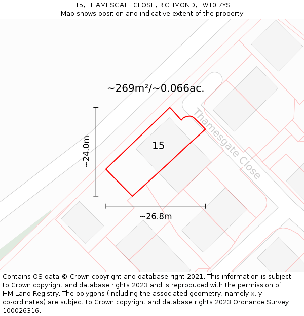 15, THAMESGATE CLOSE, RICHMOND, TW10 7YS: Plot and title map