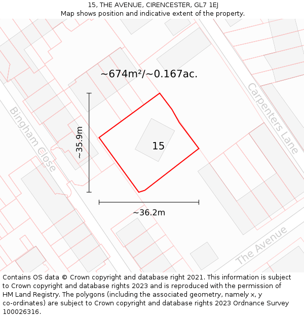 15, THE AVENUE, CIRENCESTER, GL7 1EJ: Plot and title map