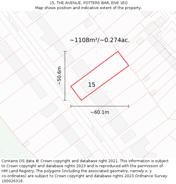 15, THE AVENUE, POTTERS BAR, EN6 1EG: Plot and title map