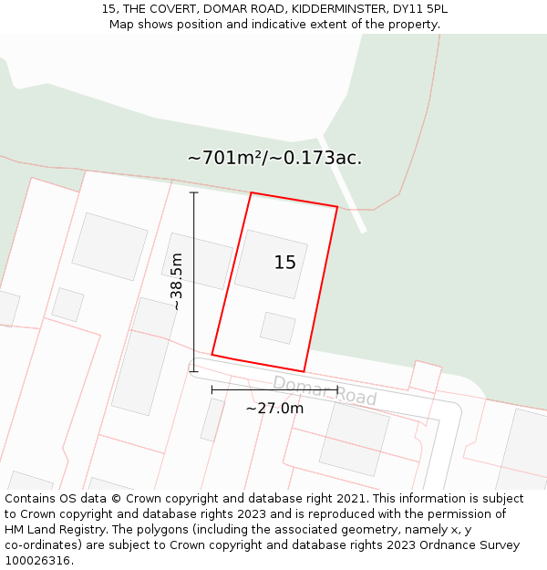 15, THE COVERT, DOMAR ROAD, KIDDERMINSTER, DY11 5PL: Plot and title map