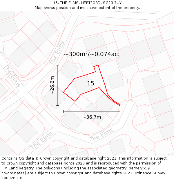 15, THE ELMS, HERTFORD, SG13 7UY: Plot and title map