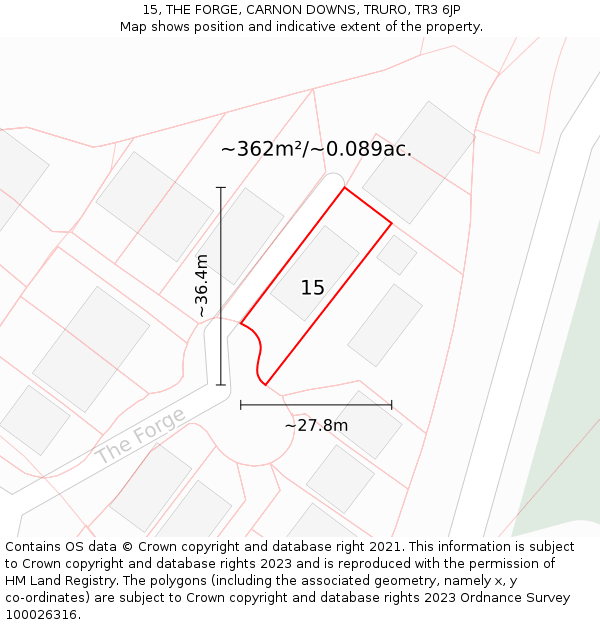 15, THE FORGE, CARNON DOWNS, TRURO, TR3 6JP: Plot and title map