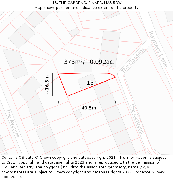15, THE GARDENS, PINNER, HA5 5DW: Plot and title map
