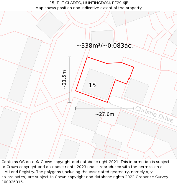 15, THE GLADES, HUNTINGDON, PE29 6JR: Plot and title map