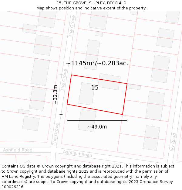 15, THE GROVE, SHIPLEY, BD18 4LD: Plot and title map