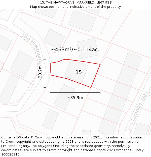 15, THE HAWTHORNS, MARKFIELD, LE67 9SS: Plot and title map