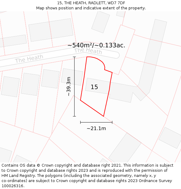 15, THE HEATH, RADLETT, WD7 7DF: Plot and title map