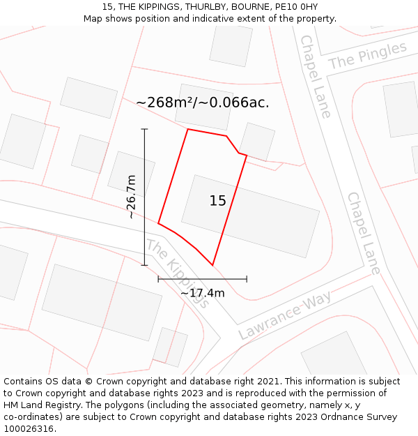 15, THE KIPPINGS, THURLBY, BOURNE, PE10 0HY: Plot and title map