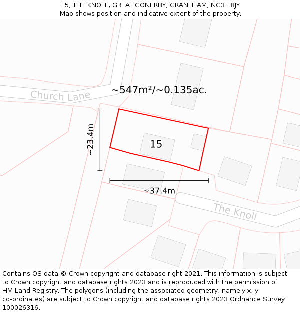 15, THE KNOLL, GREAT GONERBY, GRANTHAM, NG31 8JY: Plot and title map