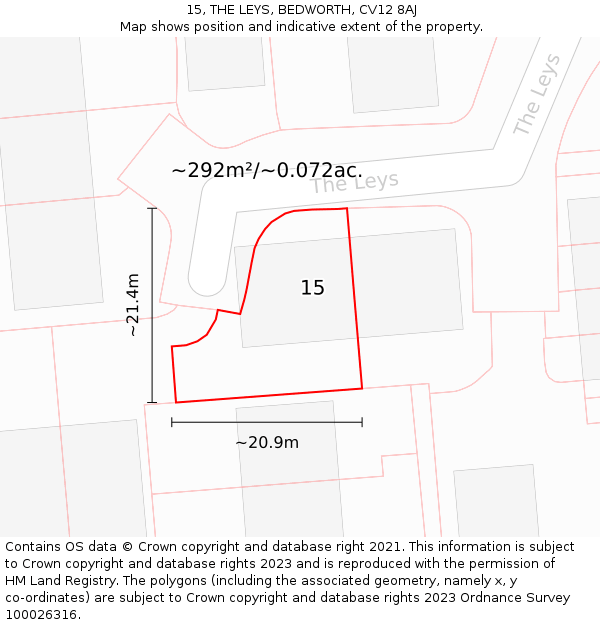 15, THE LEYS, BEDWORTH, CV12 8AJ: Plot and title map