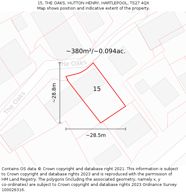 15, THE OAKS, HUTTON HENRY, HARTLEPOOL, TS27 4QX: Plot and title map