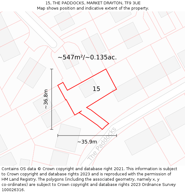 15, THE PADDOCKS, MARKET DRAYTON, TF9 3UE: Plot and title map