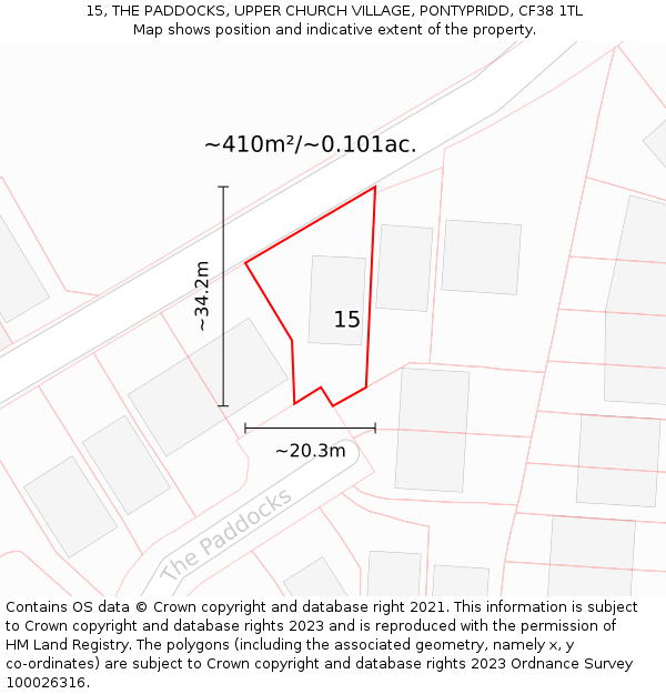 15, THE PADDOCKS, UPPER CHURCH VILLAGE, PONTYPRIDD, CF38 1TL: Plot and title map