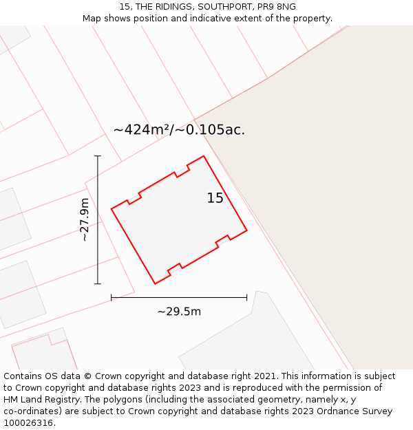 15, THE RIDINGS, SOUTHPORT, PR9 8NG: Plot and title map