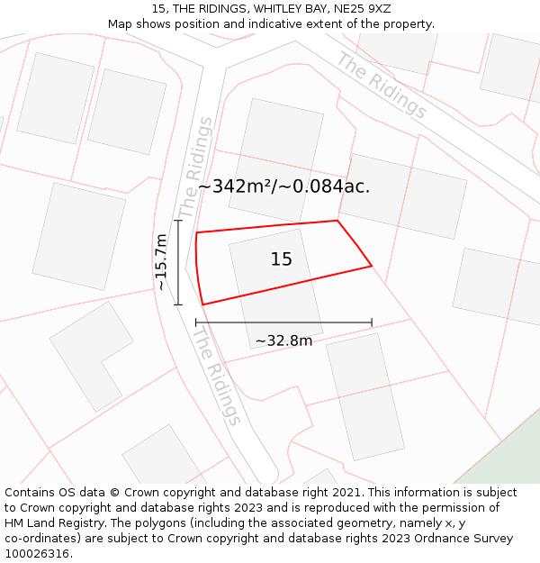 15, THE RIDINGS, WHITLEY BAY, NE25 9XZ: Plot and title map