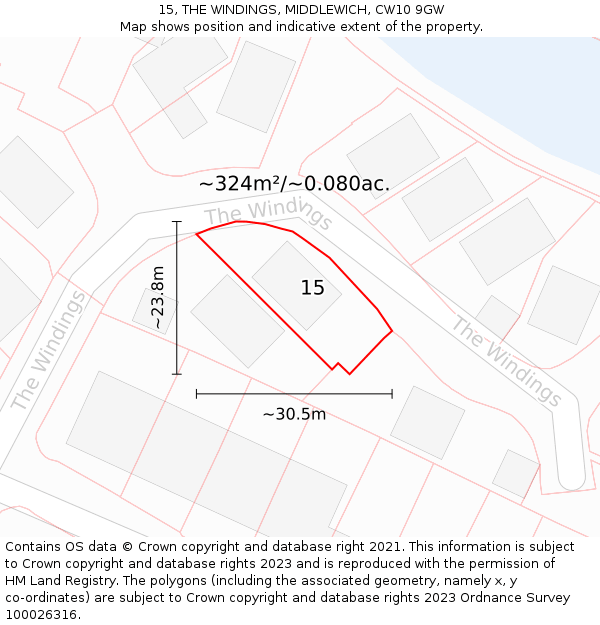 15, THE WINDINGS, MIDDLEWICH, CW10 9GW: Plot and title map