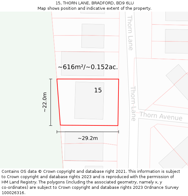 15, THORN LANE, BRADFORD, BD9 6LU: Plot and title map