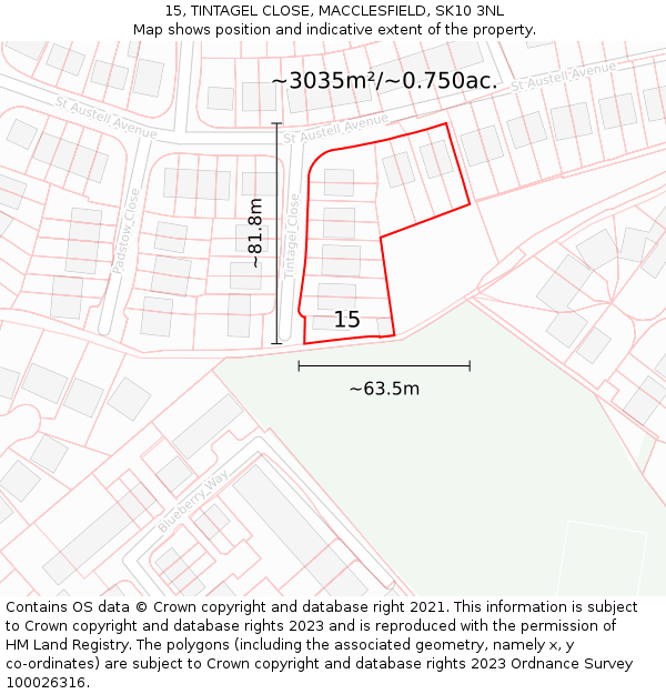 15, TINTAGEL CLOSE, MACCLESFIELD, SK10 3NL: Plot and title map