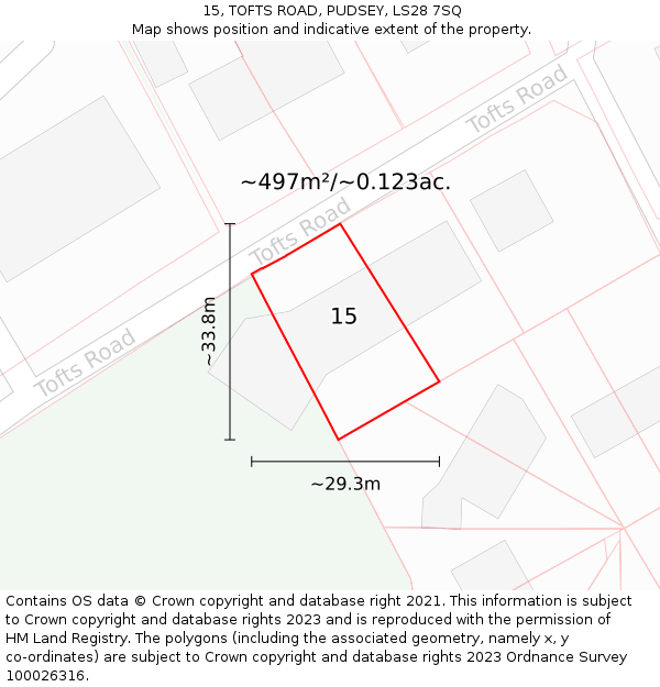 15, TOFTS ROAD, PUDSEY, LS28 7SQ: Plot and title map