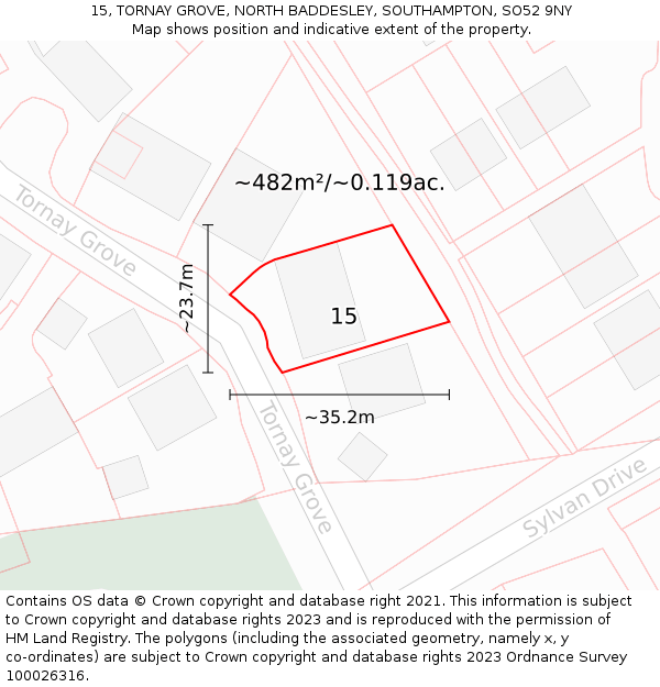 15, TORNAY GROVE, NORTH BADDESLEY, SOUTHAMPTON, SO52 9NY: Plot and title map