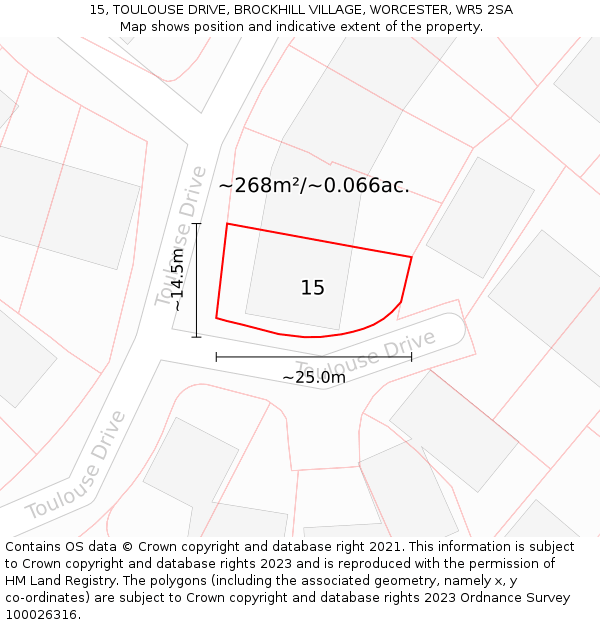 15, TOULOUSE DRIVE, BROCKHILL VILLAGE, WORCESTER, WR5 2SA: Plot and title map